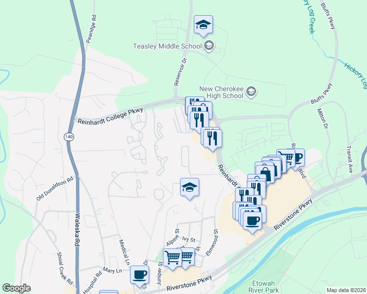 map of restaurants, bars, coffee shops, grocery stores, and more near 247 Riverstone Place in Canton