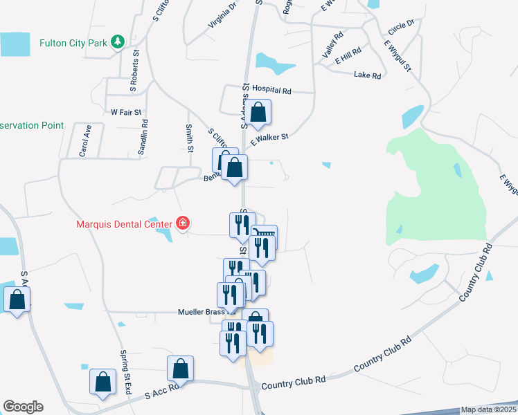 map of restaurants, bars, coffee shops, grocery stores, and more near 1207 South Adams Street in Fulton