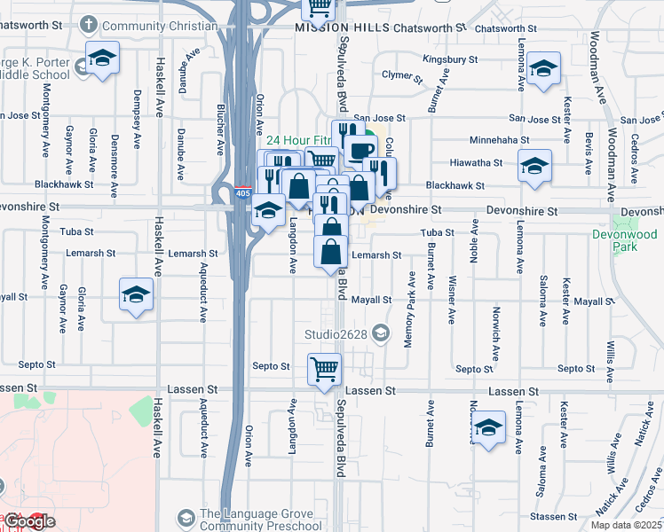 map of restaurants, bars, coffee shops, grocery stores, and more near 15431 Lemarsh Street in Los Angeles