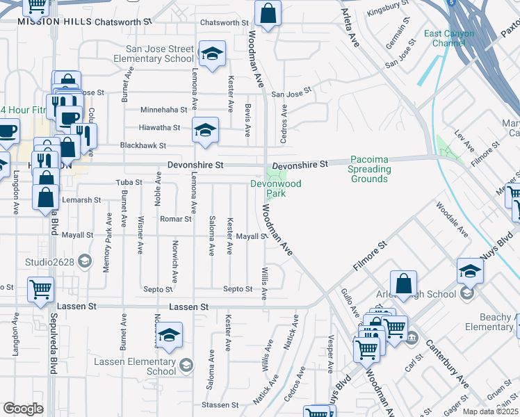 map of restaurants, bars, coffee shops, grocery stores, and more near 10153 Woodman Avenue in Los Angeles
