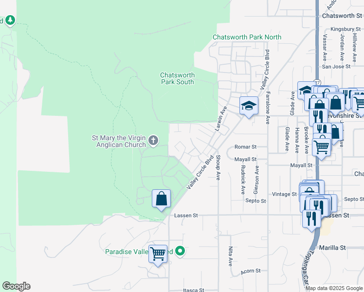 map of restaurants, bars, coffee shops, grocery stores, and more near 10031 Larwin Avenue in Los Angeles