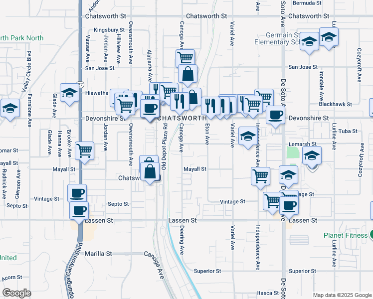 map of restaurants, bars, coffee shops, grocery stores, and more near 10201 Canoga Avenue in Los Angeles