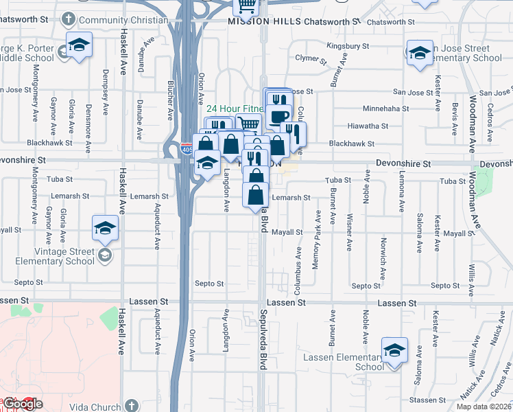 map of restaurants, bars, coffee shops, grocery stores, and more near 10147 Sepulveda Boulevard in Los Angeles