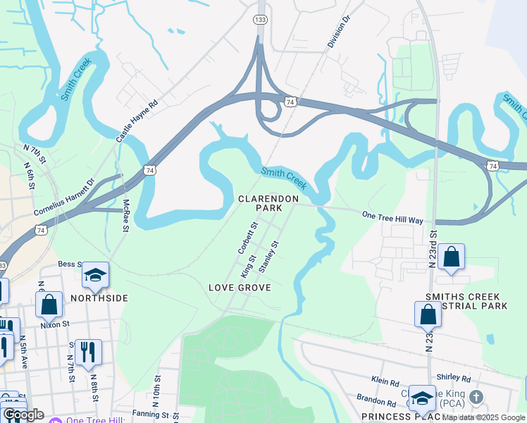 map of restaurants, bars, coffee shops, grocery stores, and more near 1541 King Street in Wilmington