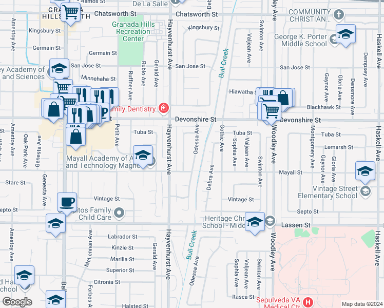 map of restaurants, bars, coffee shops, grocery stores, and more near 10141 Odessa Avenue in Los Angeles
