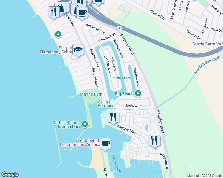 map of restaurants, bars, coffee shops, grocery stores, and more near 2965 Surfrider Avenue in Ventura