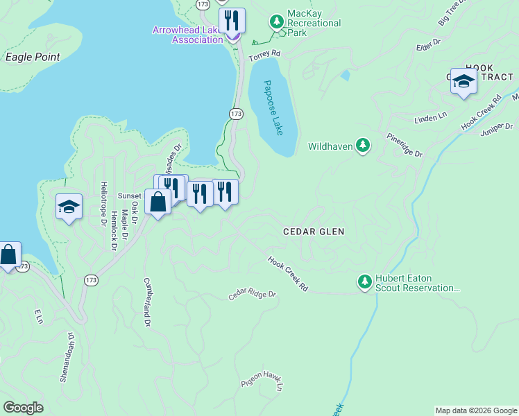 map of restaurants, bars, coffee shops, grocery stores, and more near 385 Emerald Drive in Lake Arrowhead