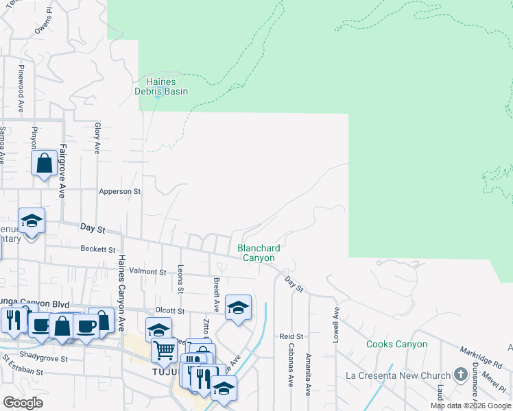 map of restaurants, bars, coffee shops, grocery stores, and more near 6349 Blanchard Canyon Road in Los Angeles