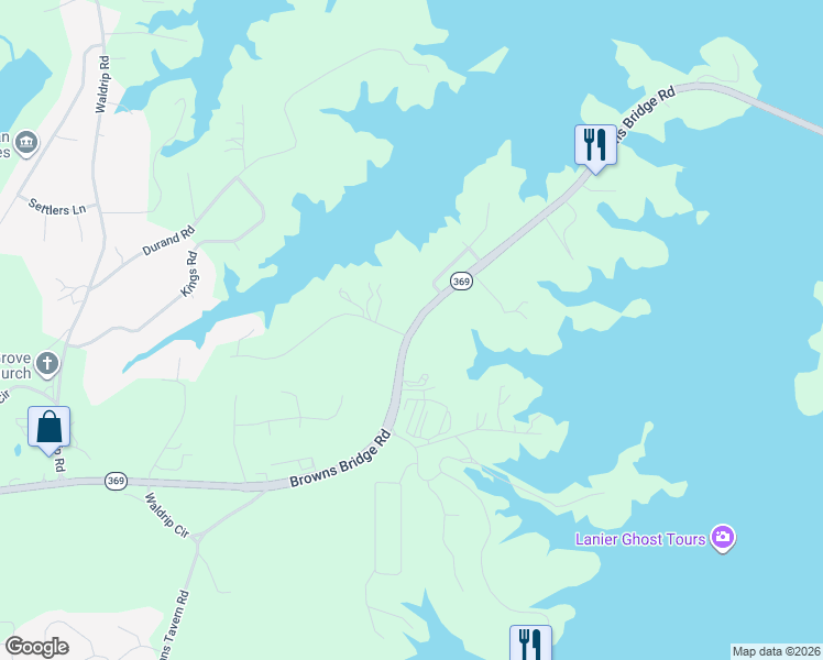 map of restaurants, bars, coffee shops, grocery stores, and more near 8920 Browns Bridge Road in Gainesville