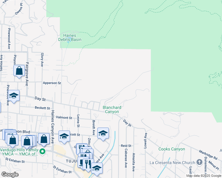 map of restaurants, bars, coffee shops, grocery stores, and more near Blanchard Canyon Road in Los Angeles