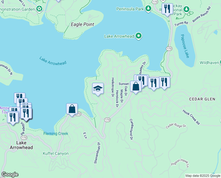 map of restaurants, bars, coffee shops, grocery stores, and more near 292 Heliotrope Drive in Lake Arrowhead