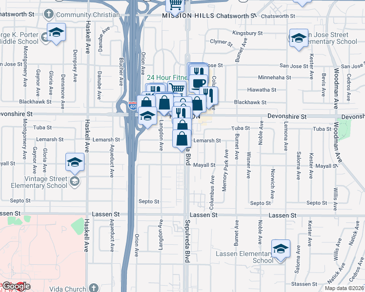 map of restaurants, bars, coffee shops, grocery stores, and more near 10147 Sepulveda Boulevard in Los Angeles