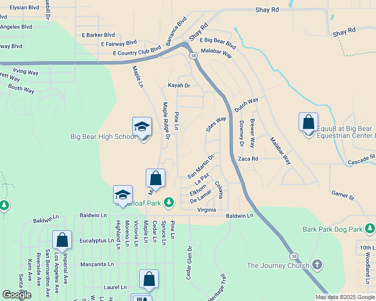 map of restaurants, bars, coffee shops, grocery stores, and more near 361 Mason Lane in Big Bear