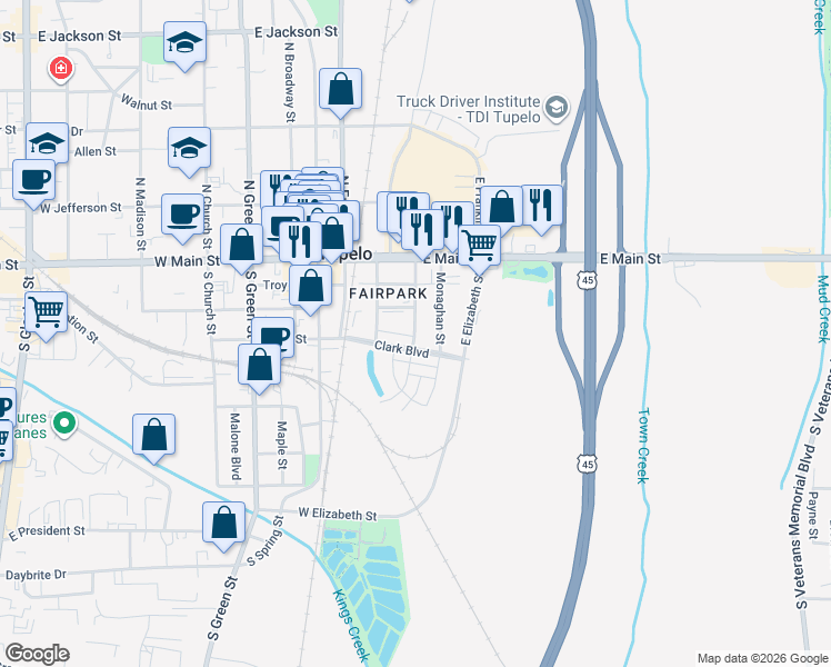 map of restaurants, bars, coffee shops, grocery stores, and more near Fairpark Drive in Tupelo