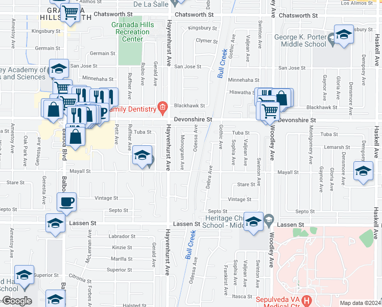 map of restaurants, bars, coffee shops, grocery stores, and more near 10141 Odessa Avenue in Los Angeles