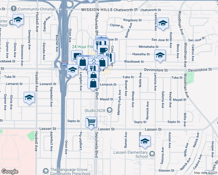 map of restaurants, bars, coffee shops, grocery stores, and more near 15315 Lemarsh Street in Los Angeles