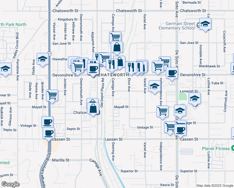 map of restaurants, bars, coffee shops, grocery stores, and more near 10201 Canoga Avenue in Los Angeles