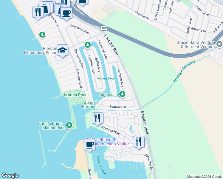 map of restaurants, bars, coffee shops, grocery stores, and more near 3081 Seahorse Avenue in Ventura