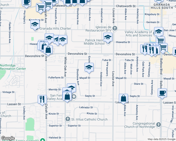 map of restaurants, bars, coffee shops, grocery stores, and more near 17501 Romar Street in Los Angeles