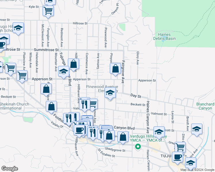map of restaurants, bars, coffee shops, grocery stores, and more near 10248 Pinewood Avenue in Los Angeles