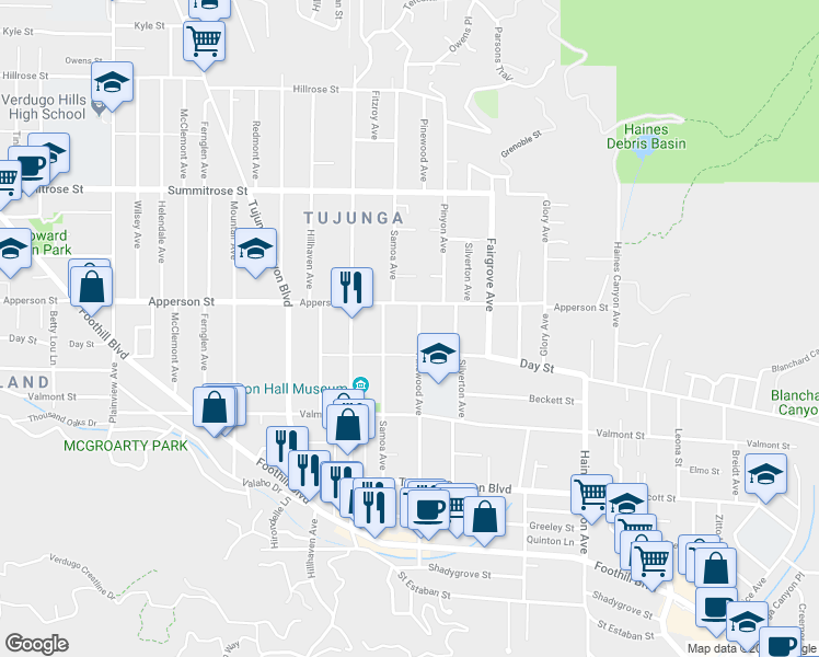map of restaurants, bars, coffee shops, grocery stores, and more near 7128 Apperson Street in Los Angeles