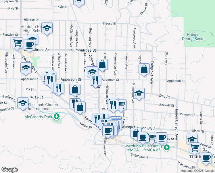 map of restaurants, bars, coffee shops, grocery stores, and more near 10249 Hillhaven Avenue in Los Angeles