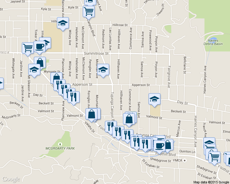 map of restaurants, bars, coffee shops, grocery stores, and more near 10249 Hillhaven Avenue in Los Angeles