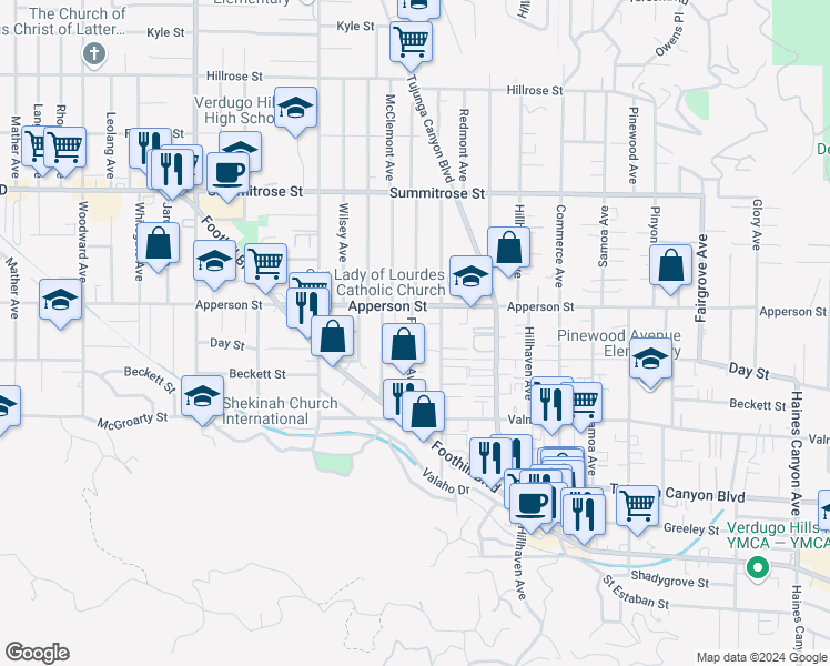 map of restaurants, bars, coffee shops, grocery stores, and more near 10242 Fernglen Avenue in Los Angeles