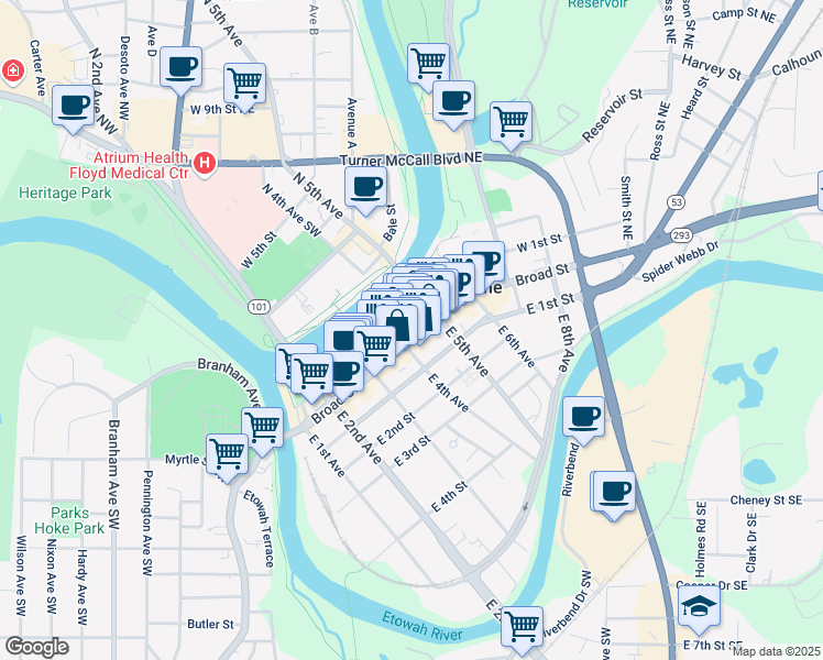 map of restaurants, bars, coffee shops, grocery stores, and more near 407 Broad Street in Rome
