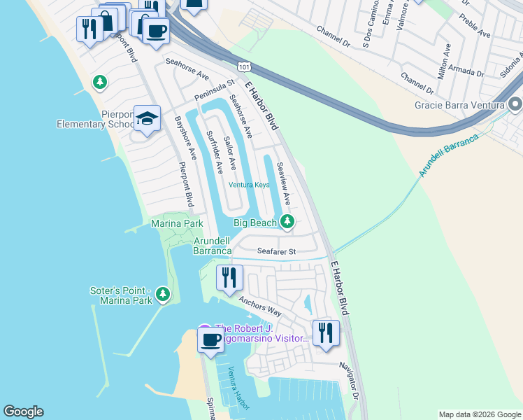map of restaurants, bars, coffee shops, grocery stores, and more near 3057 Seahorse Avenue in Ventura