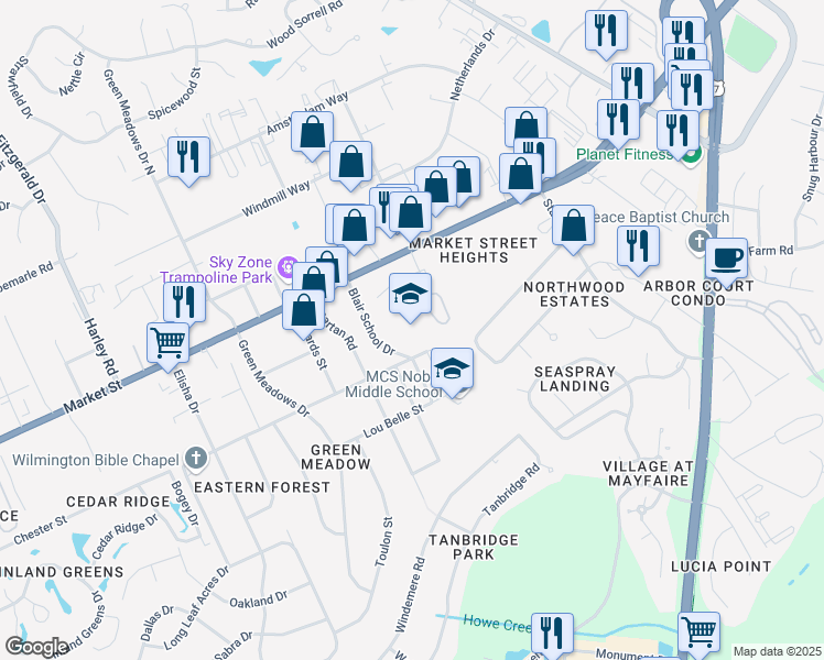 map of restaurants, bars, coffee shops, grocery stores, and more near 6510 Market Street in Wilmington