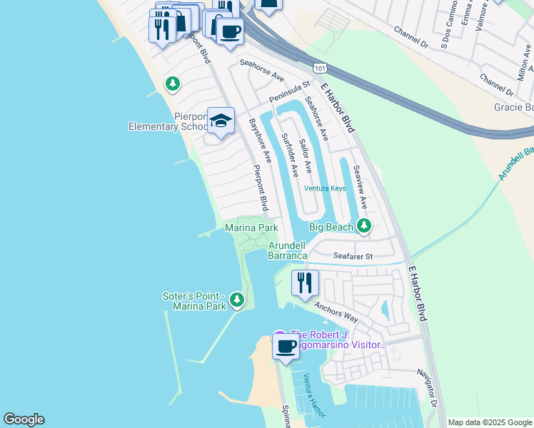 map of restaurants, bars, coffee shops, grocery stores, and more near Pierpont Blvd & Greenock Ln in Ventura