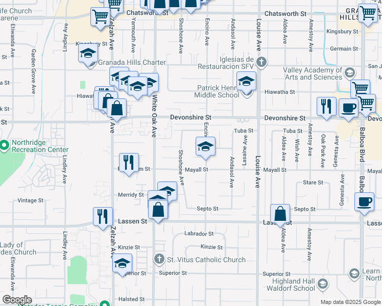 map of restaurants, bars, coffee shops, grocery stores, and more near 17531 Romar Street in Los Angeles