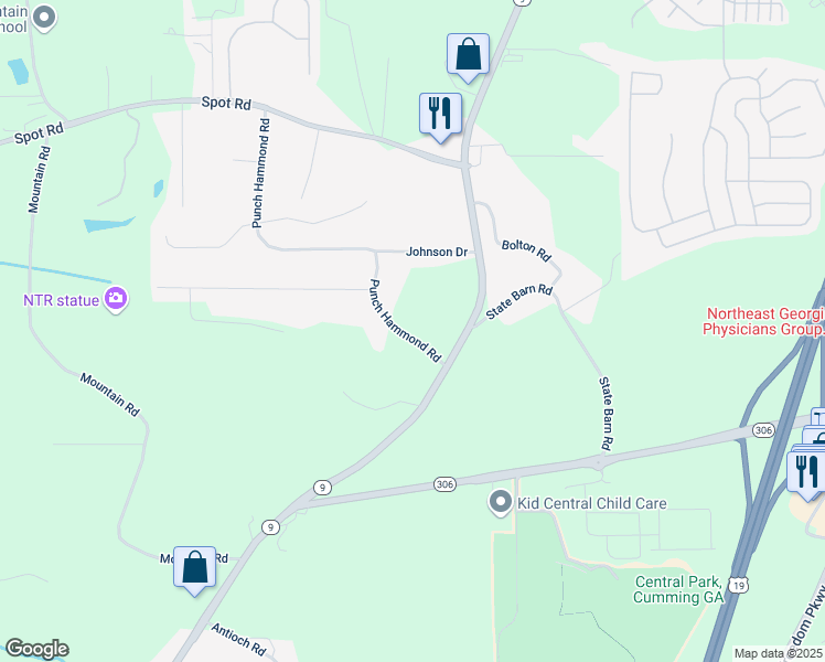 map of restaurants, bars, coffee shops, grocery stores, and more near 2350 Punch Hammond Road in Cumming