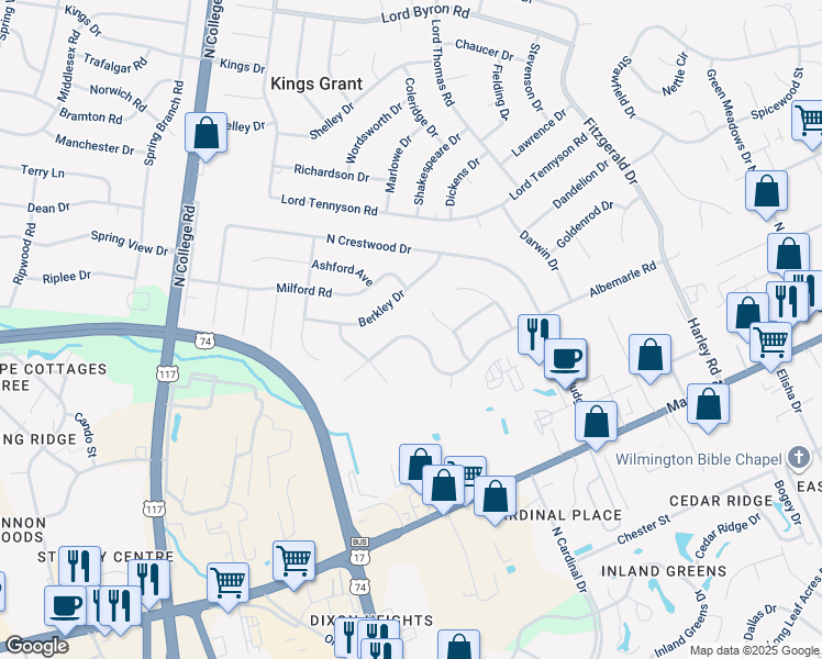 map of restaurants, bars, coffee shops, grocery stores, and more near 458 Albemarle Road in Wilmington