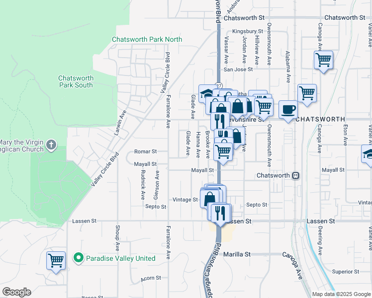 map of restaurants, bars, coffee shops, grocery stores, and more near 10157 Glade Avenue in Los Angeles