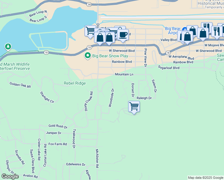 map of restaurants, bars, coffee shops, grocery stores, and more near 457 Woodside Drive in Big Bear