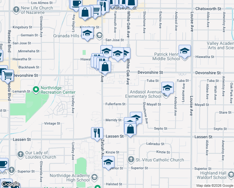 map of restaurants, bars, coffee shops, grocery stores, and more near 17745 Romar Street in Los Angeles
