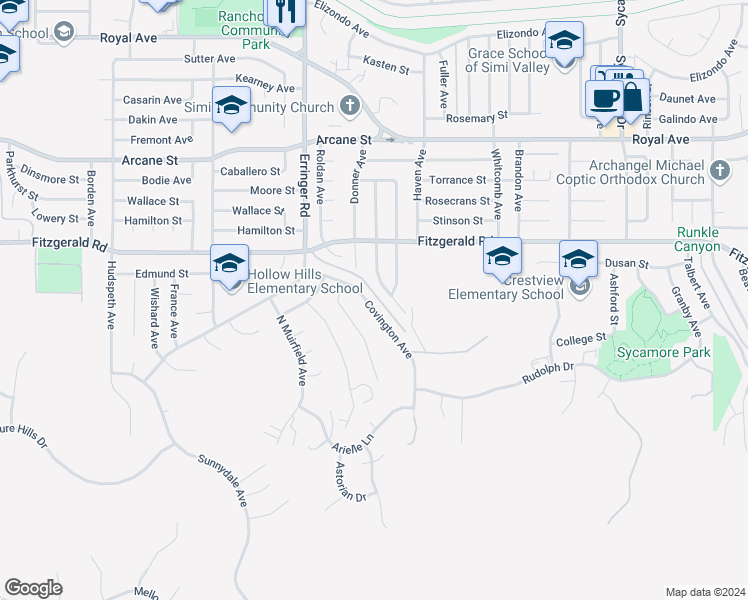 map of restaurants, bars, coffee shops, grocery stores, and more near 2041 Covington Avenue in Simi Valley