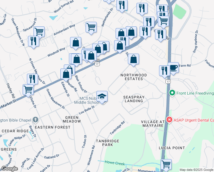 map of restaurants, bars, coffee shops, grocery stores, and more near 36 Northwood Drive in Wilmington