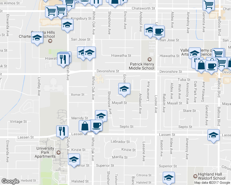 map of restaurants, bars, coffee shops, grocery stores, and more near 17531 Romar Street in Los Angeles