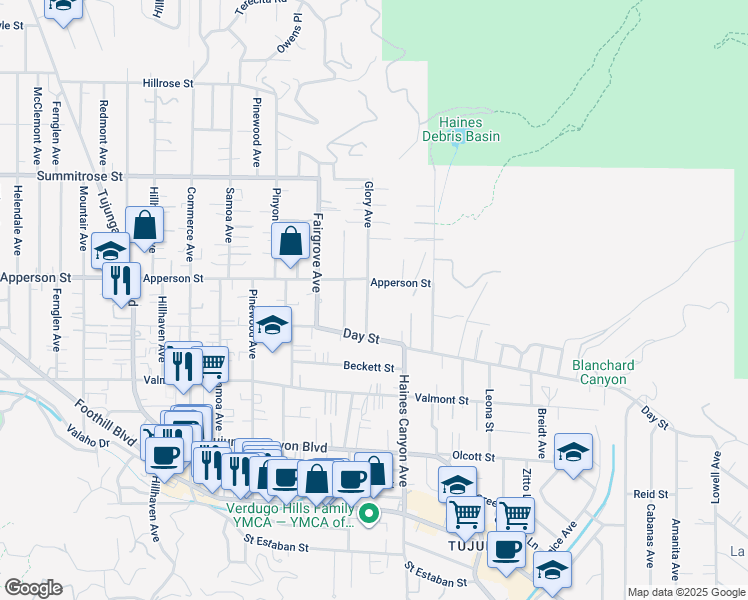 map of restaurants, bars, coffee shops, grocery stores, and more near 10244 Glory Avenue in Los Angeles
