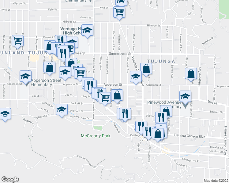 map of restaurants, bars, coffee shops, grocery stores, and more near 10236 McClemont Avenue in Los Angeles