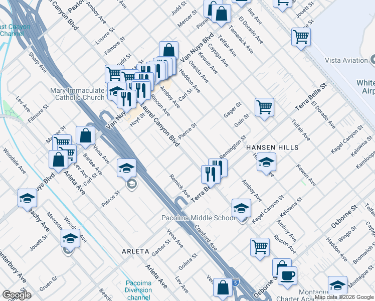 map of restaurants, bars, coffee shops, grocery stores, and more near 10156 Laurel Canyon Boulevard in Los Angeles