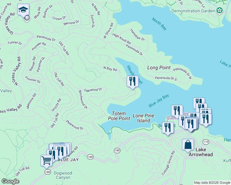 map of restaurants, bars, coffee shops, grocery stores, and more near 27601 Cedarwood Drive in Lake Arrowhead