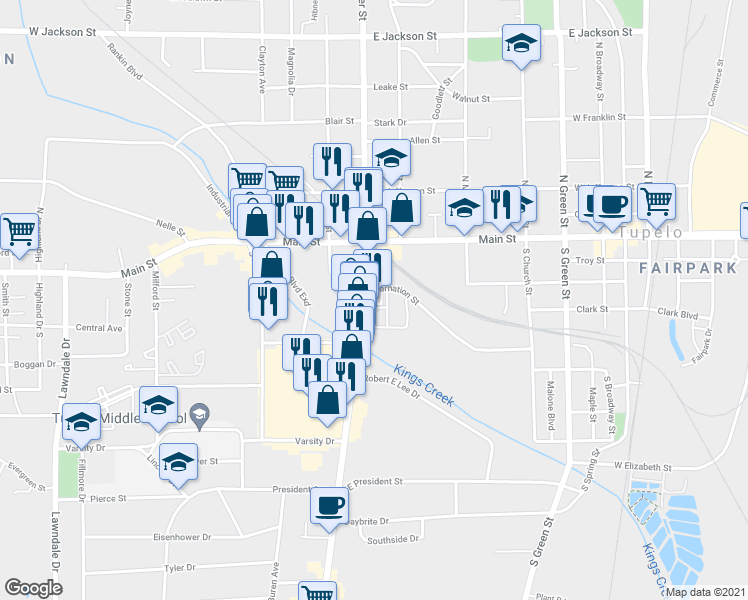 map of restaurants, bars, coffee shops, grocery stores, and more near 312 South Gloster Street in Tupelo