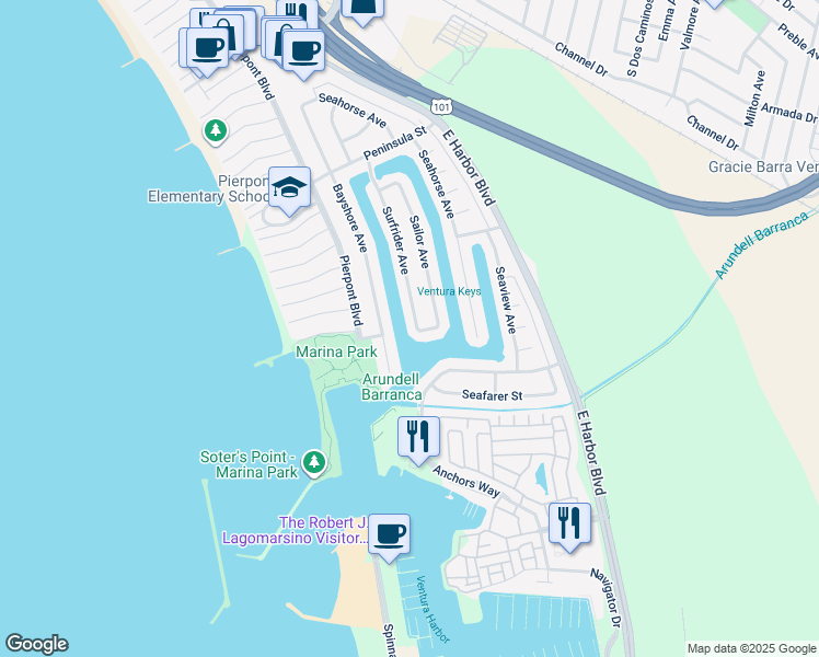 map of restaurants, bars, coffee shops, grocery stores, and more near 2965 Surfrider Avenue in Ventura