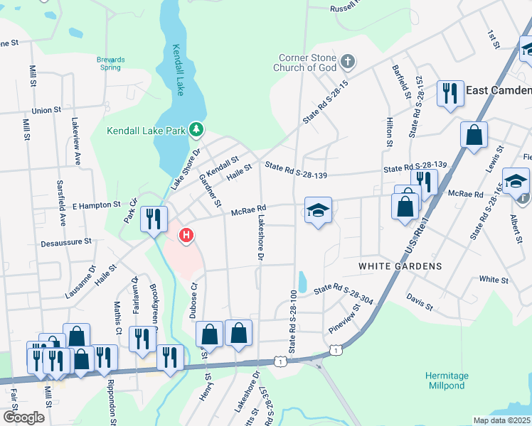 map of restaurants, bars, coffee shops, grocery stores, and more near 1320 Lakeshore Drive in Camden
