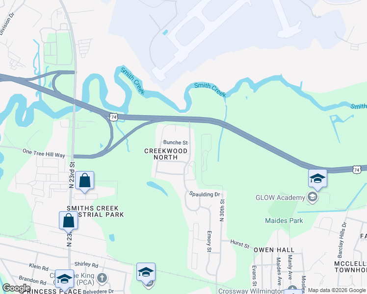 map of restaurants, bars, coffee shops, grocery stores, and more near 2708-2710 Bunche Street in Wilmington