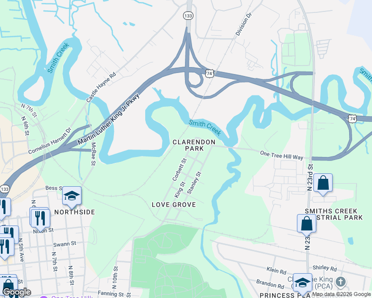 map of restaurants, bars, coffee shops, grocery stores, and more near 1541 King Street in Wilmington